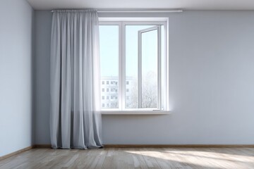Fototapeta premium Minimalist room with sheer curtains and an open window.