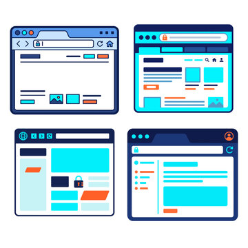 A set of  flat vector illustration of a secure web browser window interface with address bar, lock icon, tabs, and content layout featuring text blocks and UI elements in blue and orange.