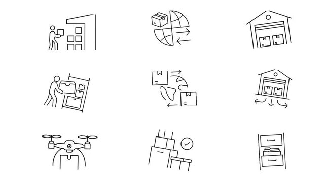 Logistics and supply chain management line icon set on a white background