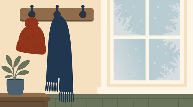 Cozy knitted orange hat and navy scarf hanging on wooden hooks beside frosted winter window, potted plant and warm entryway decor in calm flat vector illustration for seasonal home comfort