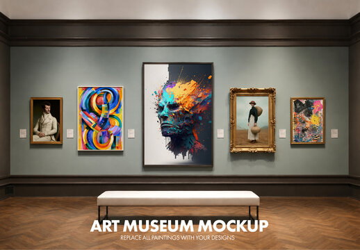 Painting frames mockup on art museum interior wall