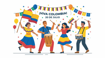 Naklejka premium People celebrating Colombia's Independence Day with flags, music, and decorations.