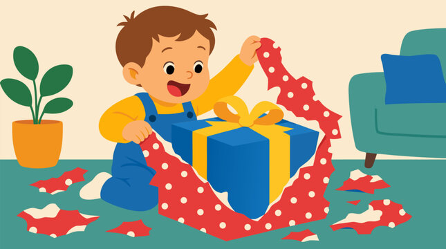 Joyful toddler opening a birthday or Christmas gift vector illustration, cheerful child tearing red polka dot wrapping paper from big blue present in cozy living room celebration scene