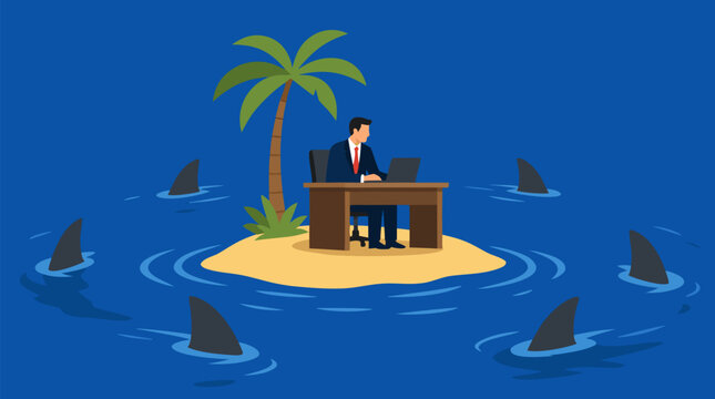 Isolated businessman working at an office desk on a tiny tropical island surrounded by circling shark fins, vector metaphor for corporate risk, crisis pressure, competition, and survival strategy