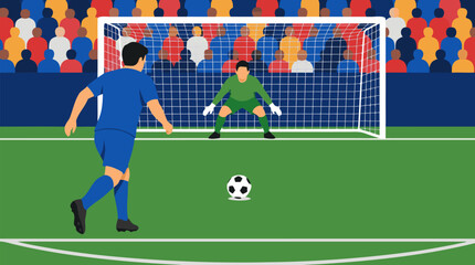 Naklejka premium Soccer penalty kick showdown with striker approaching ball and goalkeeper crouched before net, packed stadium crowd, decisive championship moment, intense sports vector illustration