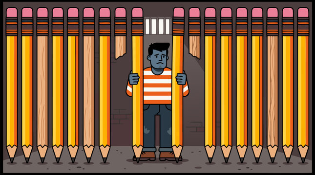 Sad man trapped behind towering pencil prison bars in a dark cell, symbolic education stress, censorship, creative block, school pressure, restriction, confinement, and social issue vector art