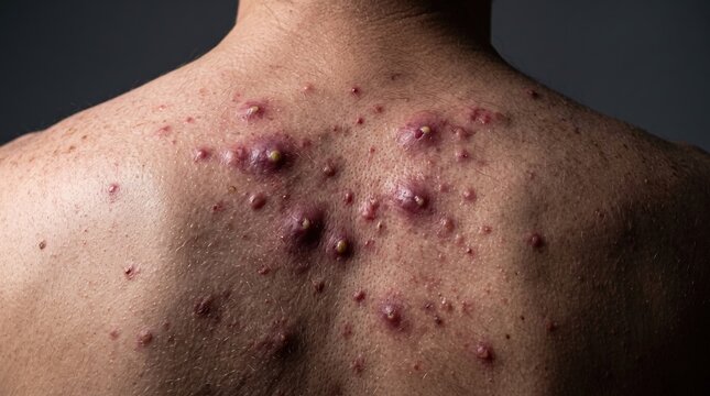 Close up of severe cystic acne breakouts and pustules on man back