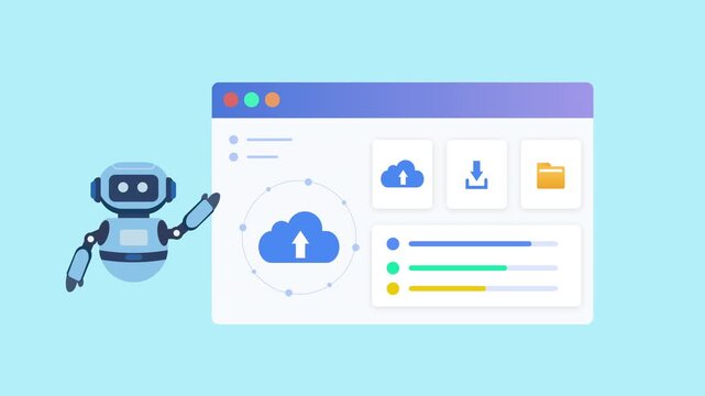 Modern flat vector animation of an AI cloud storage management dashboard with virtual assistant, cloud synchronization, file organization, and productivity tools. Ideal for artificial intelligence, cl