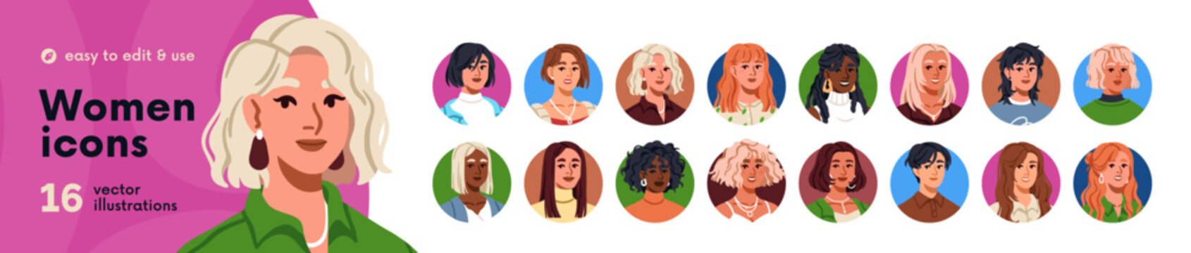 Women head avatars, round icons set. Female user profile portraits with modern hairstyles in circles. Diverse girls faces with stylish haircuts. Flat vector illustrations isolated on white background