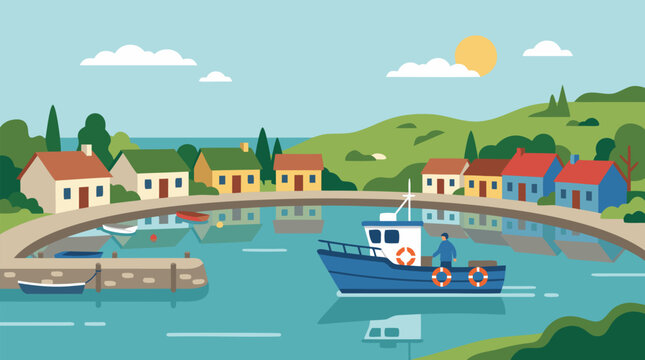 Colorful fishing boat returning to a quiet harbor lined with small seaside cottages, calm reflections, green hills and sunny coastal village charm, nautical travel vector illustration