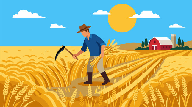 Traditional farmer harvesting golden wheat with a sickle in a sunlit summer field, red barn and rolling farmland under bright blue sky, rustic agriculture harvest vector illustration