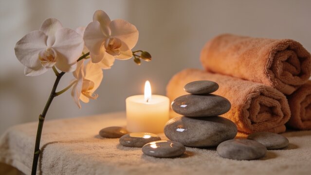 Multiple white orchid blooms, a burning pillar candle, carefully stacked wet massage stones, scattered smooth pebbles, and rolled coral towels arranged on a soft cream surface for a calming wellness s