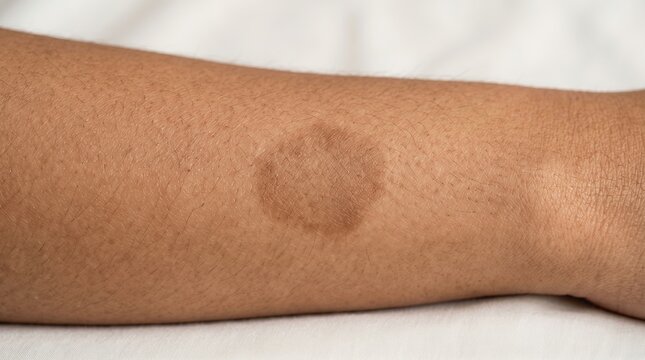 Close up of hyperpigmented ringworm lesion or tinea corporis on arm skin