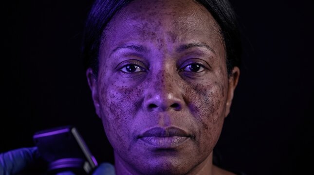 Black African American woman face melasma diagnostic analysis under blacklight