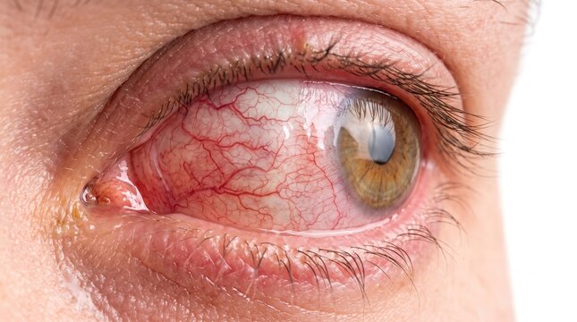Extreme close up of severely bloodshot eye with conjunctivitis or scleritis inflammation