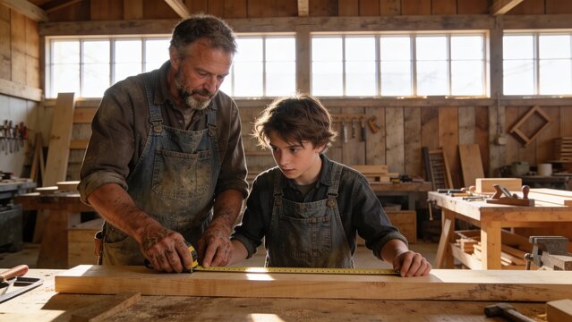 A weathered grandfather patiently guides his young grandson in measuring a wooden board with a tape measure inside a rustic barn workshop bathed in golden light.