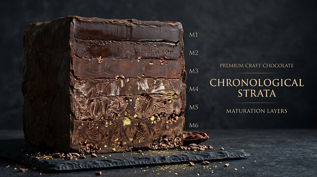 Delicious dark chocolate block featuring distinct maturation layers labeled with chronological strata markers presented on a textured slate stone surface