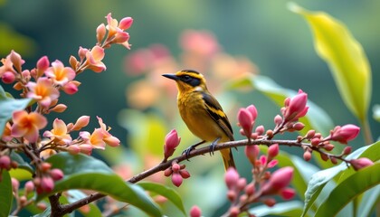 Obraz premium A small bird with yellow and black plumage is perched on a slender branch amid a cluster of pink flower buds