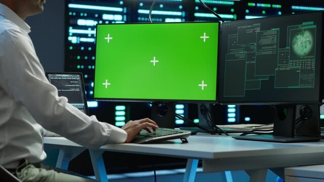 Engineer responds to a firewall breach inside a server hub with a chroma key computer monitor, connecting firewall breach response and data protection with enterprise infrastructure work