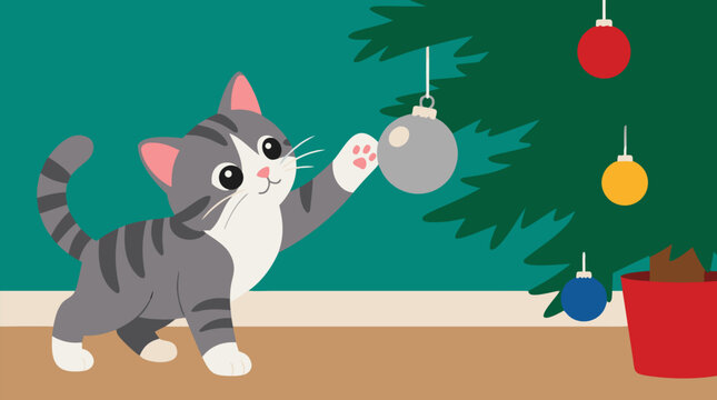 Playful gray tabby kitten reaching up to bat a dangling silver Christmas ornament on a festive evergreen tree, cute holiday pet vector with bright baubles, cozy seasonal charm and greeting card appeal