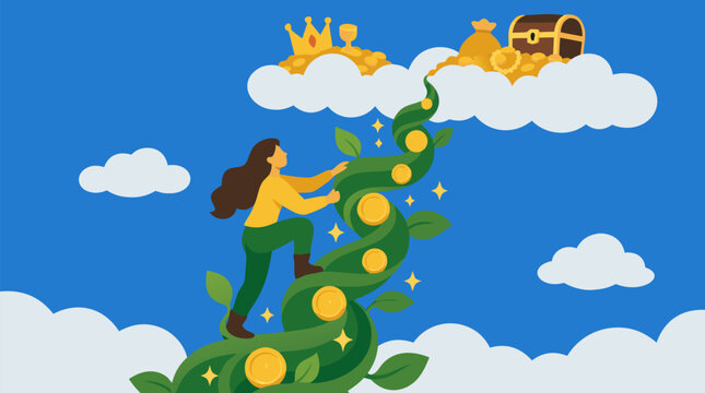 Ambitious woman climbing a magical beanstalk wrapped with golden coins toward treasure clouds, crown and chest, vibrant vector metaphor for wealth growth, opportunity and financial success