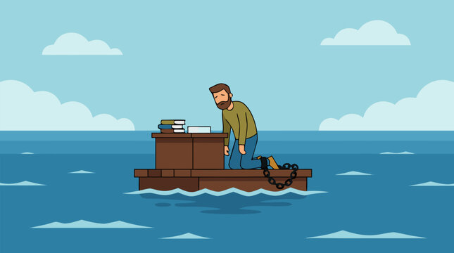 Burned out office worker chained to a heavy desk drifting on a lonely ocean, surreal vector concept of workplace stress, overload, debt, trapped responsibility and the search for freedom
