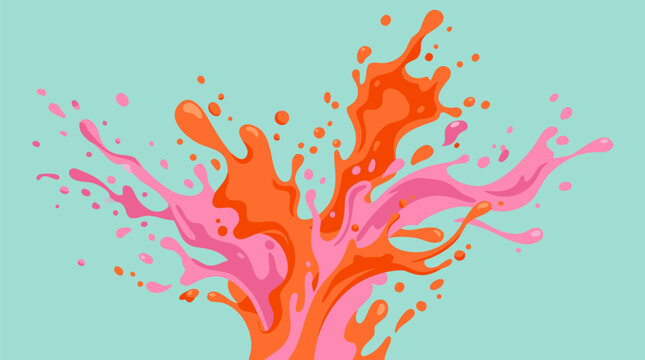 Abstract orange and pink liquid splash exploding in midair, energetic vector paint burst on mint background with fluid droplets, glossy motion, playful color waves and dynamic design energy