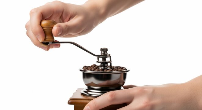 Person manually grinding fresh coffee beans in a vintage wooden coffee mill.