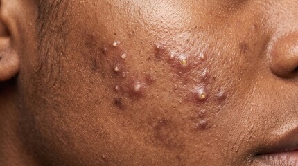 Fototapeta premium Close up of inflamed pustules and whiteheads breakout on male cheek skin