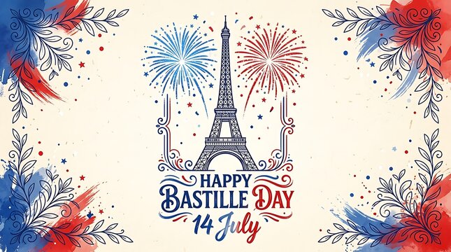 Bastille Day Illustration With Eiffel Tower And Fireworks Watercolor Style