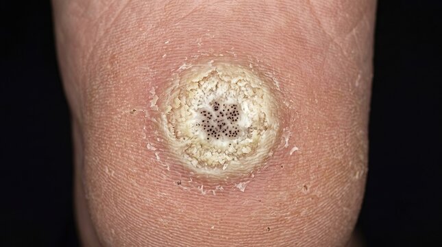 Extreme close up of plantar wart or verruca with black dots on human skin