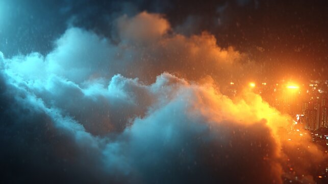 Abstract cityscape with clouds bisected by warm orange light and cool blue
