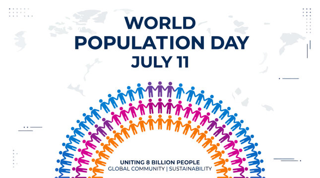 World Population Day July 11 banner, global community and sustainability concept vector, uniting 8 billion people illustration with colorful icons