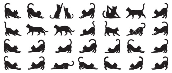Obraz premium Cat silhouette collection featuring stretching and playful poses silhouette stretching isolated collection illustration domestic activity