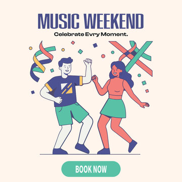 Music weekend celebration party poster, happy friends dancing event banner, summer musical fest layout concept, flat vector layout design template, group people dancing evening backdrop, artistic grap