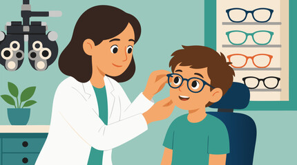 Fototapeta premium Professional female optometrist gently fitting stylish blue eyeglasses on smiling curious young boy during eye exam in bright modern clinic with equipment and colorful frames display vector