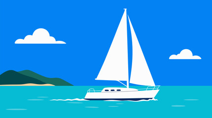 Fototapeta premium Elegant white sailboat gliding across tranquil turquoise sea under pristine blue sky with fluffy clouds, serene summer sailing adventure vector illustration with distant coastline