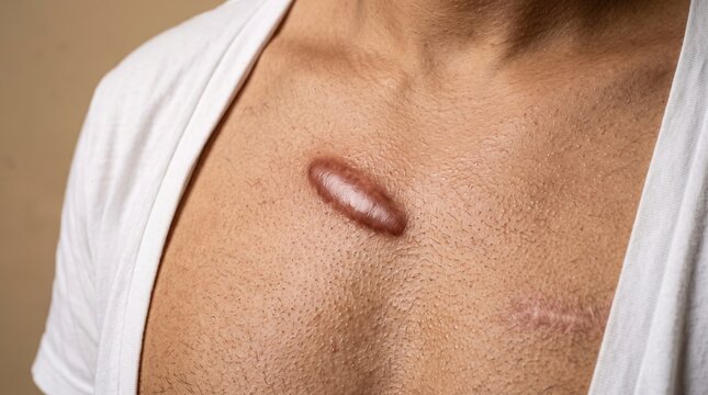 Closed up of a large raised keloid scar on a man upper chest skin