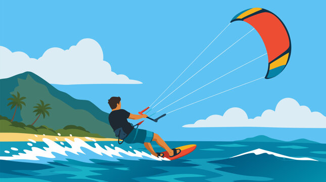 Dynamic kite surfer carving across turquoise ocean waves with bright billowing sail, tropical island backdrop, sunny adventure sports vector for beach travel, freedom, speed, and summer fun