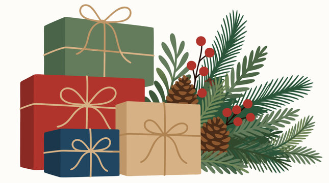 Rustic Christmas gift stack vector illustration with twine wrapped red, green, blue and kraft presents beside pine boughs, cones and berries, cozy holiday decor for greeting cards and seasonal