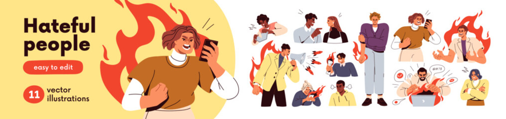 Fototapeta na wymiar Aggressive people feeling angry, hating set. Mad characters with anger expressions, emotions hating. Rage, hatred, aggression concept. Flat graphic vector illustration isolated on white background