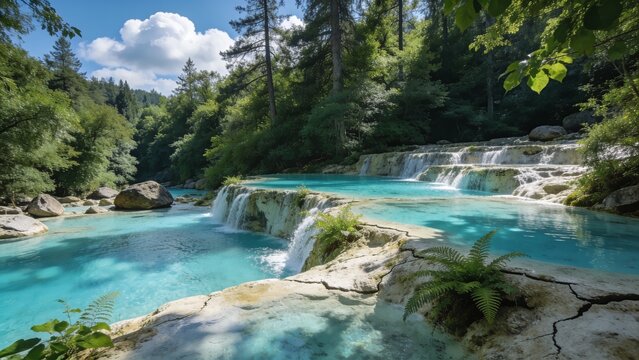 Crystal-clear turquoise water flows over mossy limestone ledges through a sun-dappled forest with tall pines and ferns, ideal for eco-tourism and outdoor lifestyle campaigns.