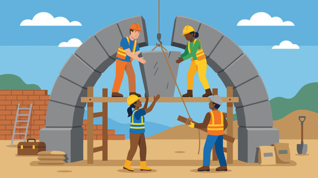 Diverse construction team collaborating to place final keystone in monumental stone arch, vector illustration showcasing teamwork, engineering precision and architectural achievement.