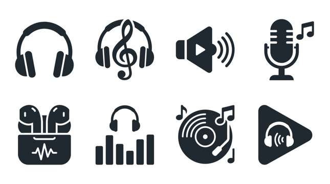 A collection of eight black music icons isolated on white background including headphones and microphone