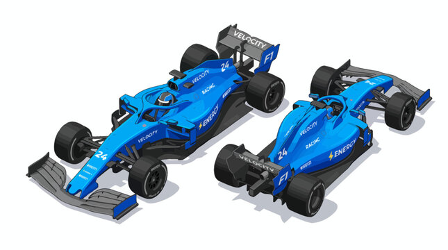 Isometric vector illustration of two sleek modern blue F1 style race cars with sponsor text on a clean white background, representing high-performance speed and the thrill of professional motorsport