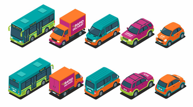 Isometric vector illustration of colorful urban transportation vehicles like buses, trucks, vans and cars, representing city transit and logistics solutions, symbolizing diverse mobility