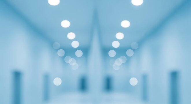 A blurred blue interior view of a long corridor with lights and doors