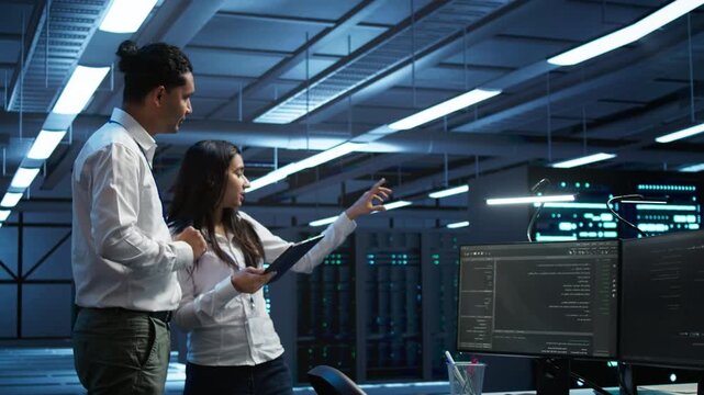 In a server farm, technical team uses a replaceable screen device with a green screen tablet, supporting screen replacement, device mockup and energy efficiency during system reliability work
