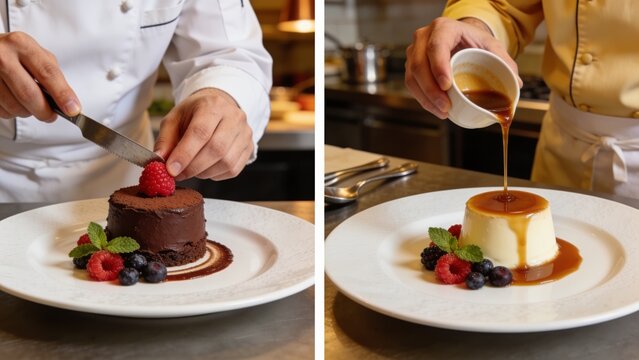 A split composition shows two pastry chefs finishing desserts, one placing a raspberry on chocolate cake and another pouring caramel over panna cotta, excellent for culinary technique or cooking class
