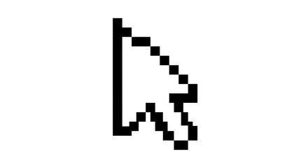 Fototapeta premium Black pixelated computer mouse pointer icon on a white background, displaying an old-school cursor design, Symbolizing digital navigation and user interface interaction
